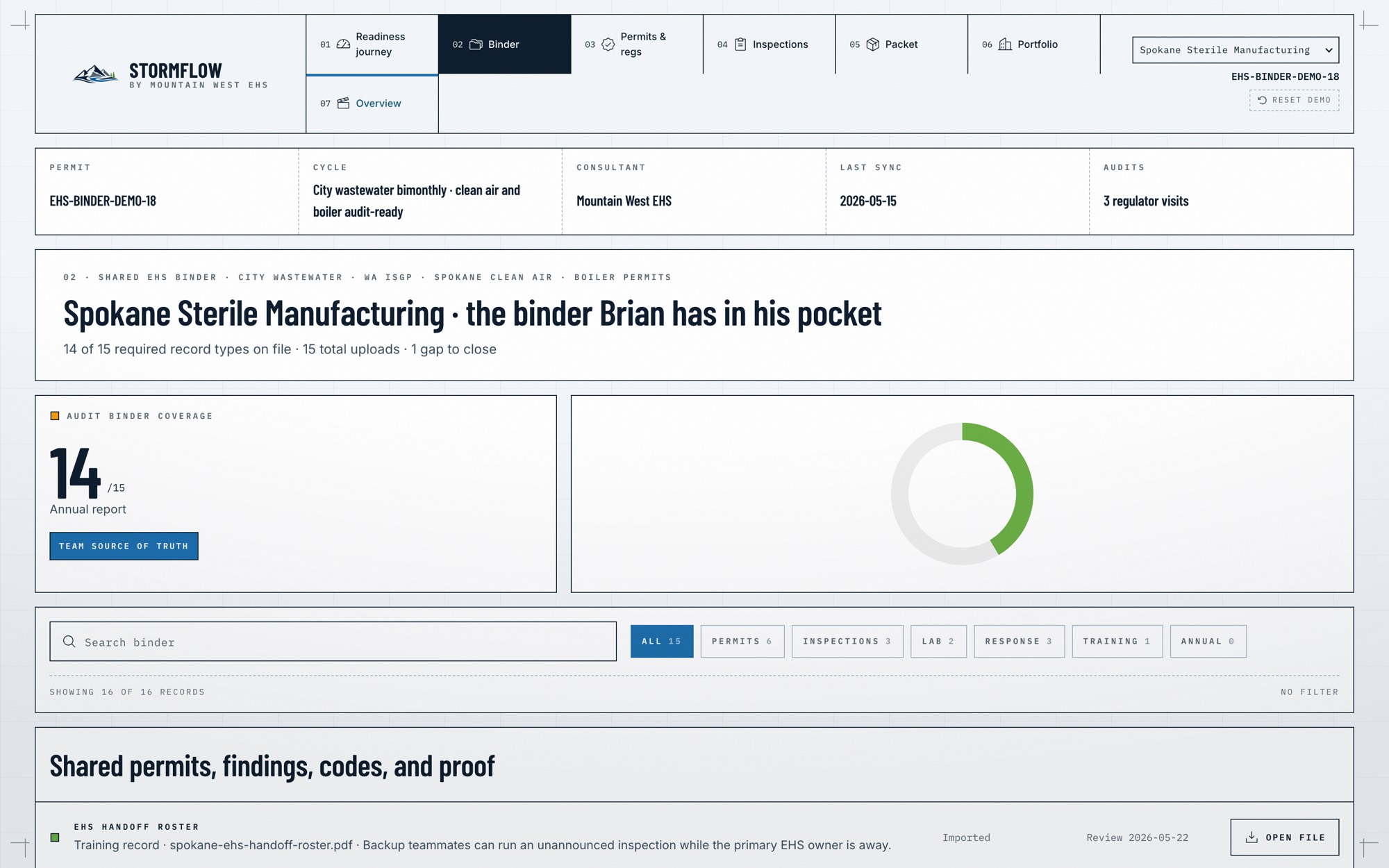 StormFlow digital binder with coverage tracking and document control